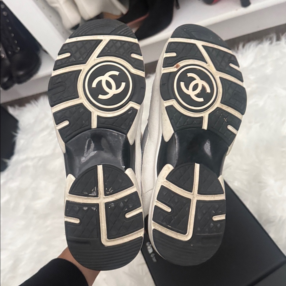 CHANEL White and Silver Sneakers with Pink Accents - Picture 5 of 6